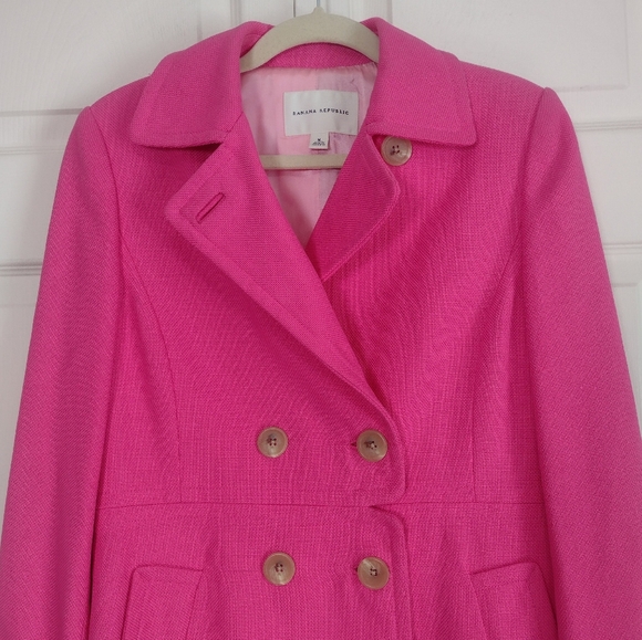 Banana Republic Hot Pink Woven Textured Cotton Double Breasted Pea Coat Medium - Picture 4 of 16